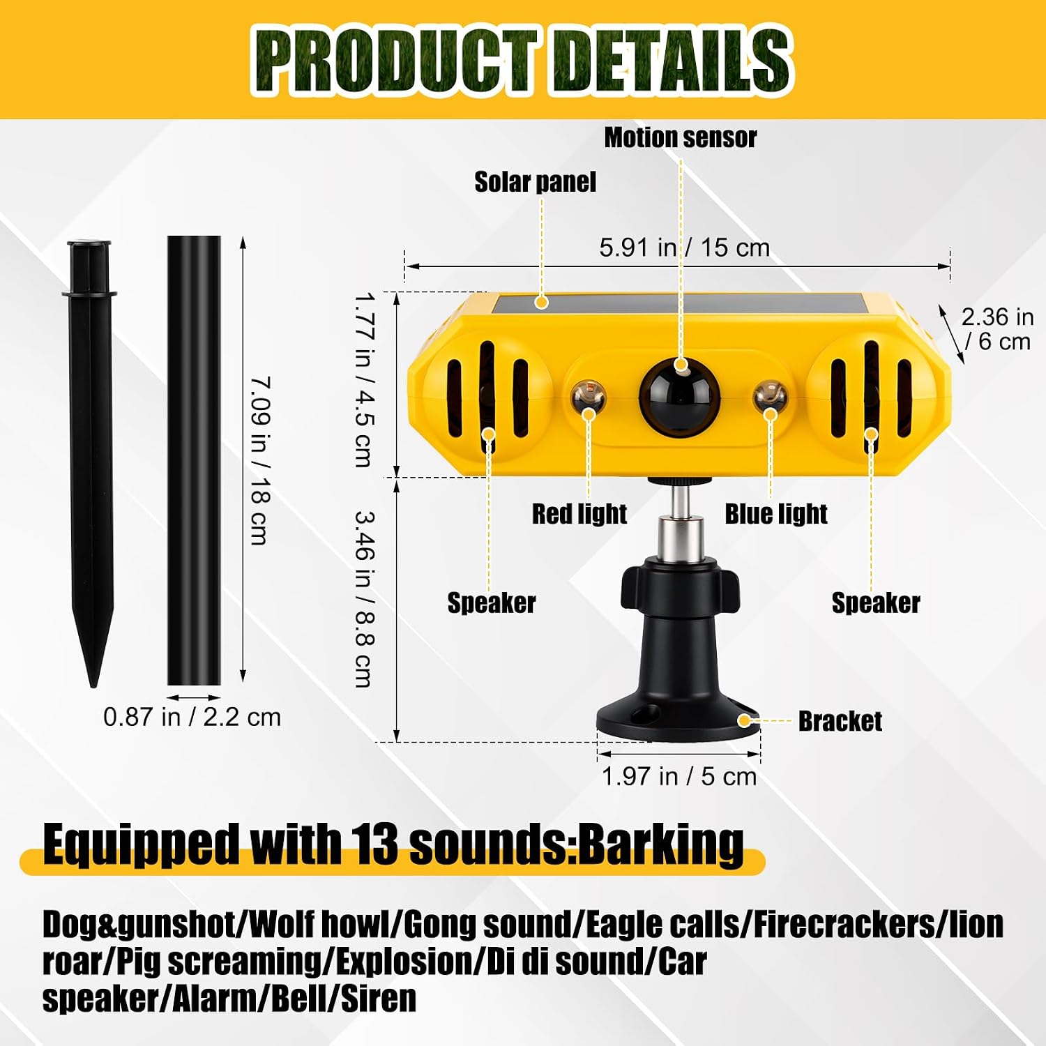 4 Pack Solar Motion Sensor Alarm, 13 Sounds Outdoor Dog Deterrent