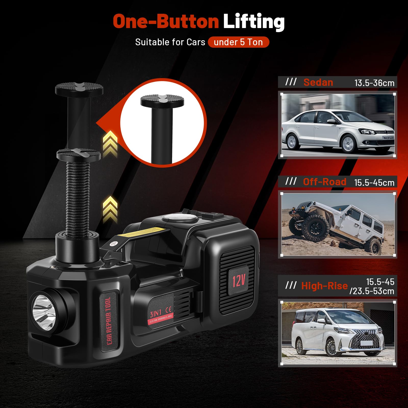 Gato eléctrico 5T, elevación 155-450 mm, operación con un botón, alimentación dual, con llave de impacto y compresor de aire, maletín portátil, 3 en 1 para mantenimiento de vehículos (negro)