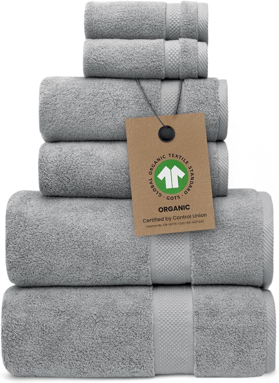 100% Organic Zero-Twist Cotton Towels - GOTS Certified Luxury Bath Towels - Ultra Soft &amp; Plush 700GSM Long-Staple Cotton - 6 Piece Towel Set (Pewter Grey) Global Organic Textile Standard OEKO-TEX 