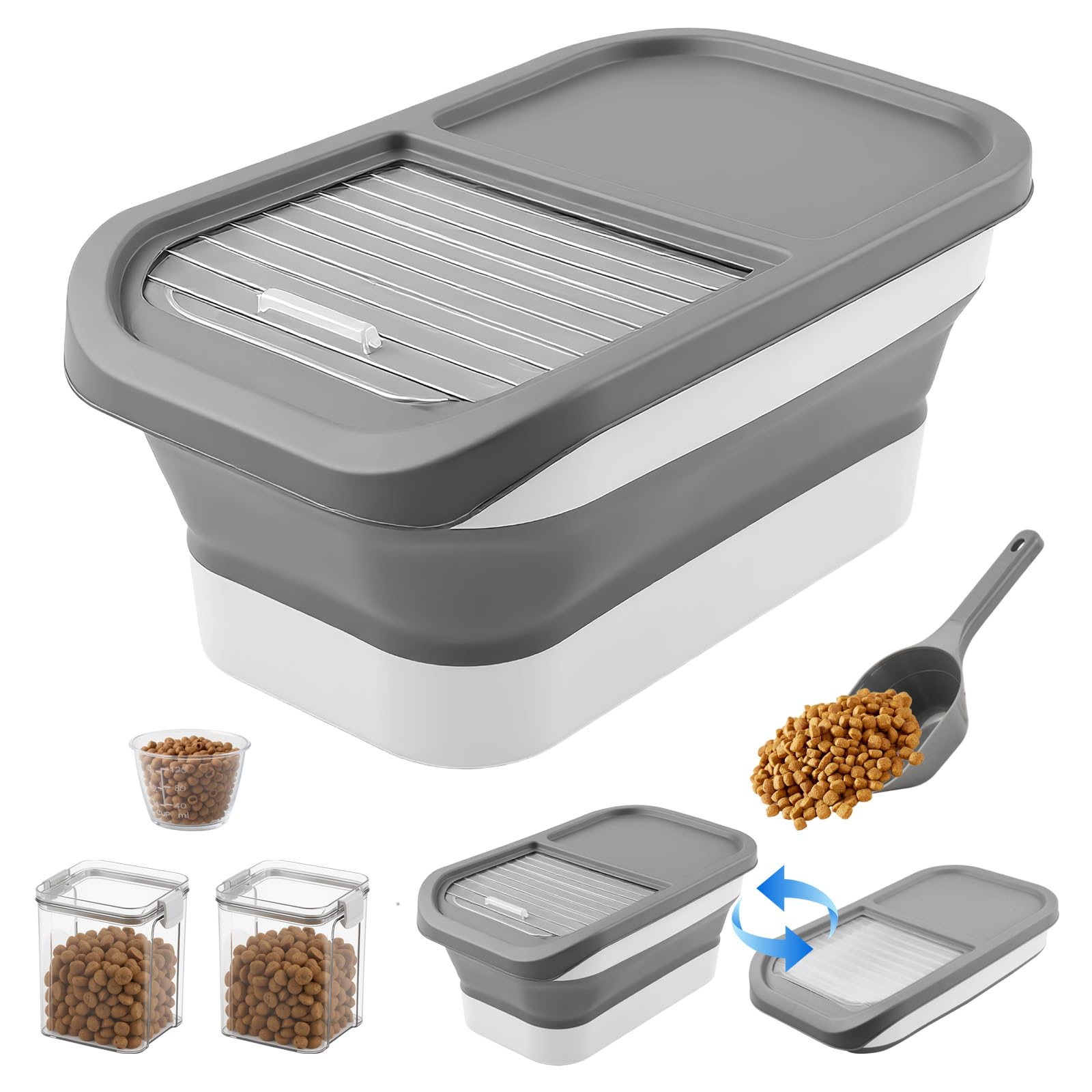 Hundefutter Aufbewahrung,7kg Faltbarer Futterbehälter für Haustiere mit Deckel,2 Vorratsbehälter,1 Messbecher,1 Löffel,Dog Food Container,Futterbox Hund Hundefutterbox für Haustiere Katzen (grau)
