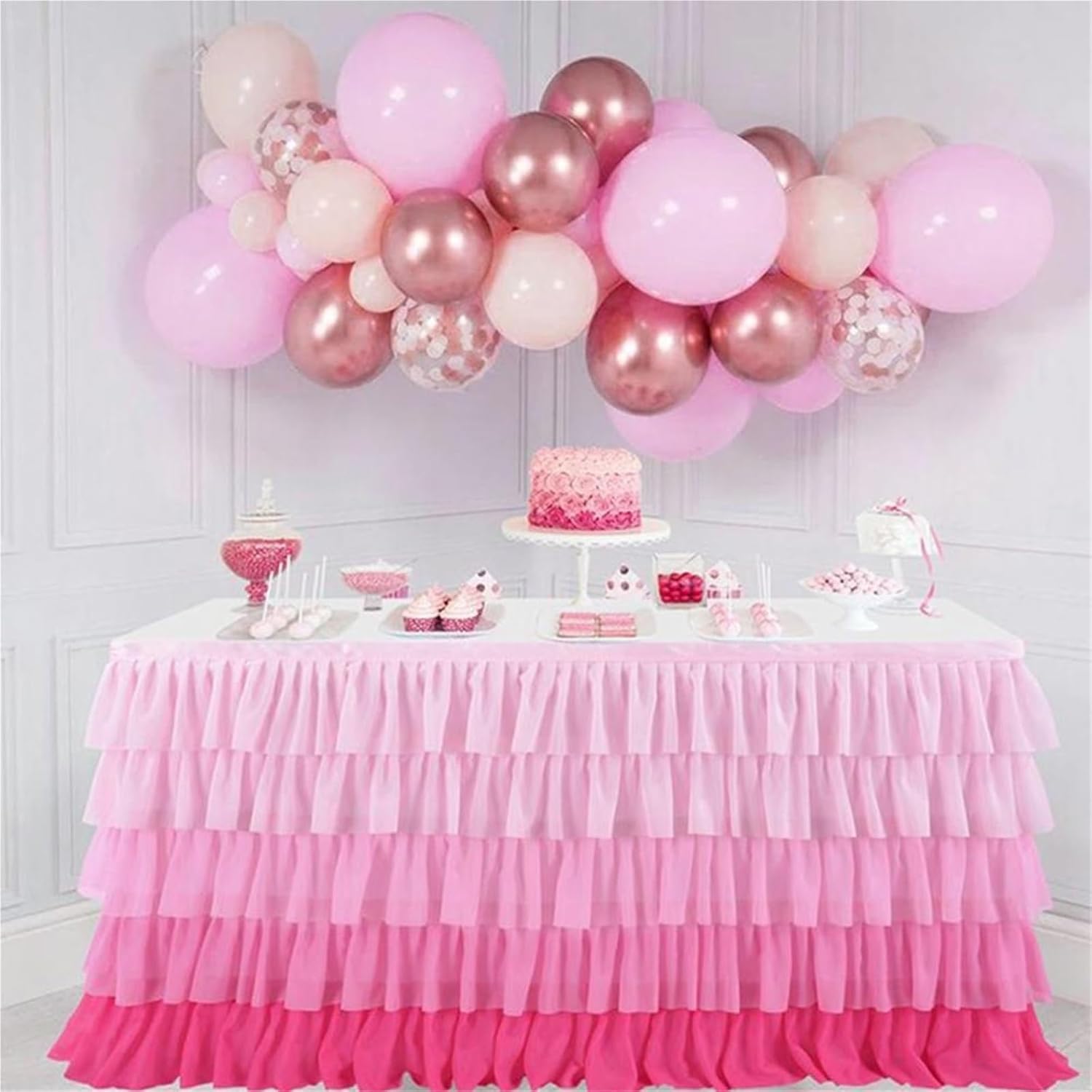 Table Skirt Chiffon Table Skirt Multi-layer Ruffle Gradient Rainbow Color Beach Parties Birthday Party Home Decorations(Light Blue)