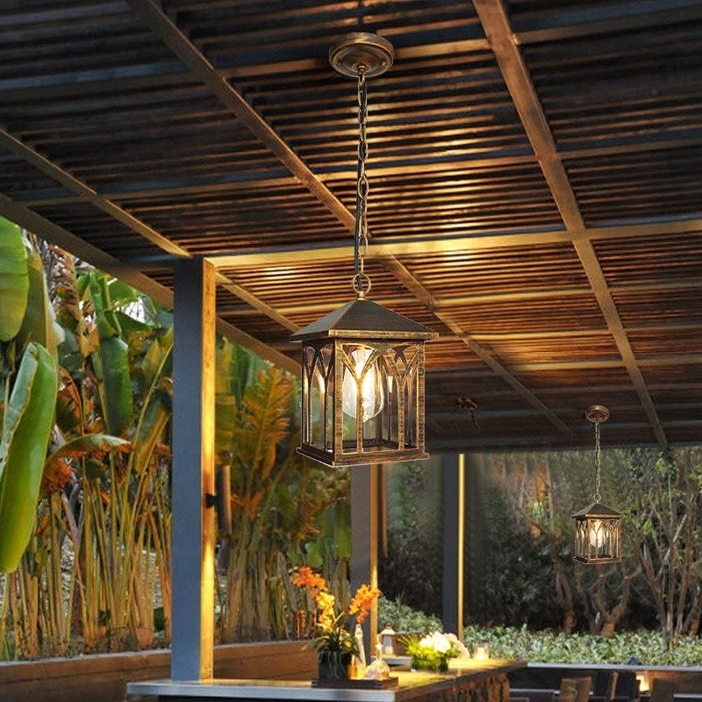 Square Transparent Glass Lantern Outdoor Waterproof Ip55 Rainproof Retro Ceiling Lamp Garden Courtyard Terrace Decoration Hanging Chandelier Household Lamp Flush Mount Light (Color : Br/Bronze