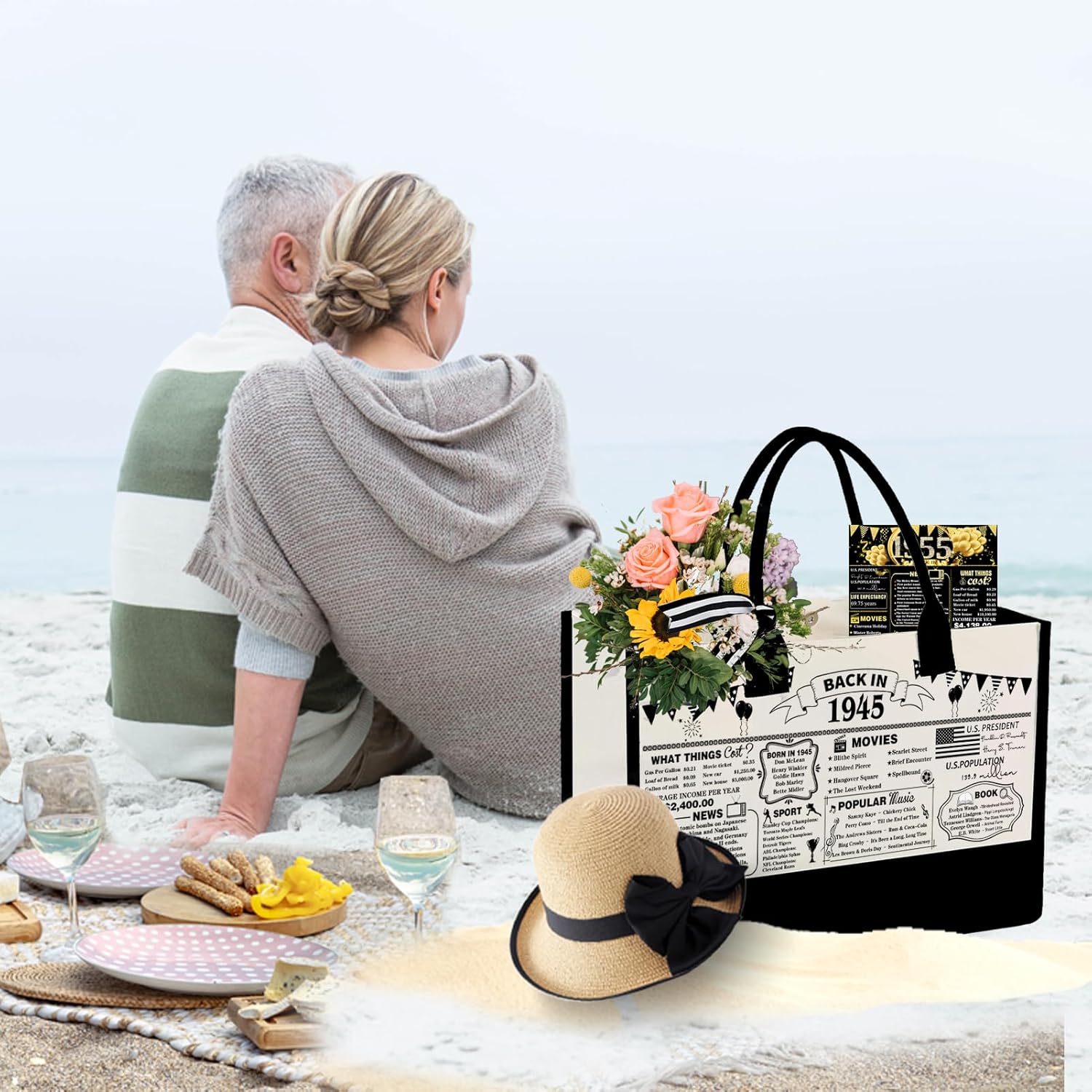 81th Birthday Gift for Women Canvas Tote Bag - Personalized 81th Birthday Gift for Mom Aunt Friends Wife Sister Her, 81 Years Old Gifts for Women, Vintage 1945 Canvas Tote Bag + Cosmetic Bag - Image 7