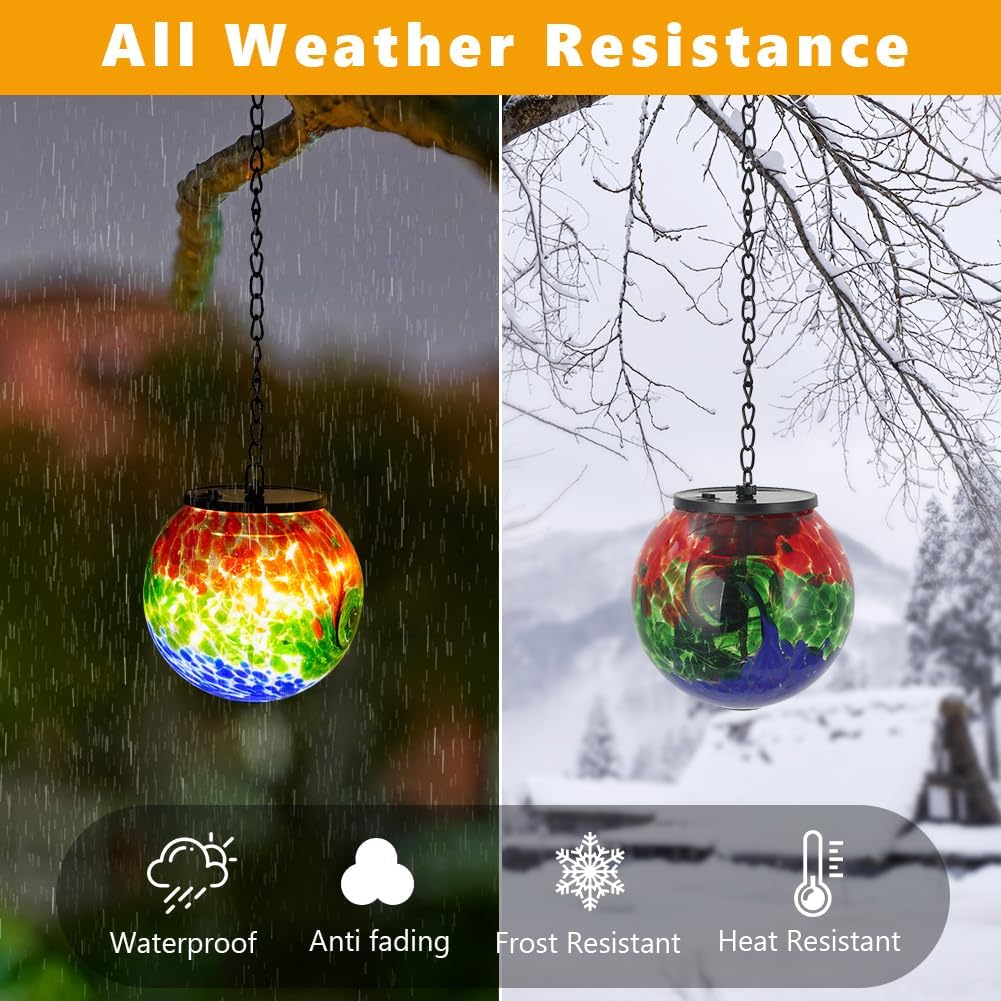 Solar Hanging Lanterns Outdoor, Waterproof Gazing Ball Lights, Hanging Glass Globe Light for Garden Yard Tree Home Xmas Decor,Green Splash-Ink
