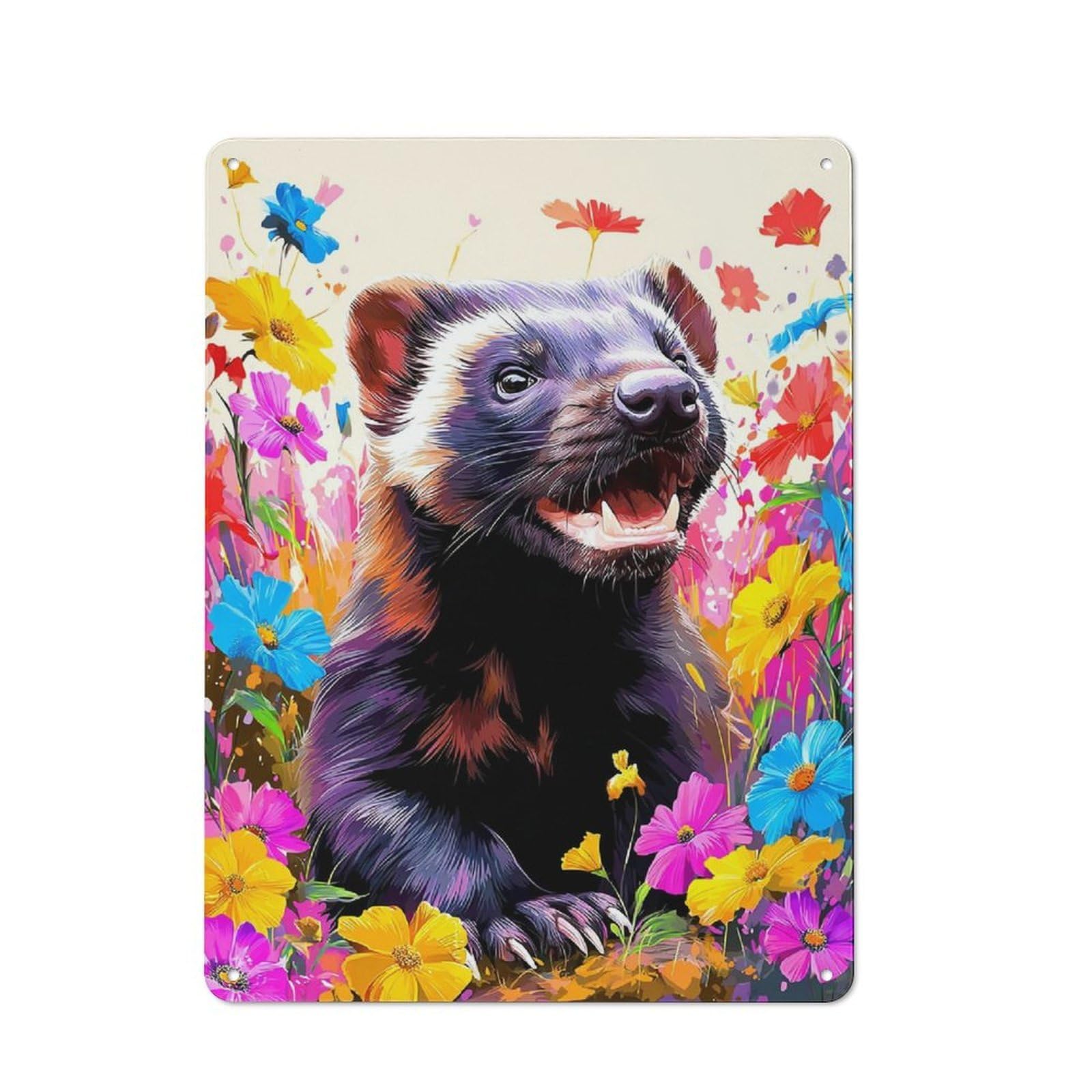 Wildlife in Bloom Vibrant Flowers with Ferret Metal Wall Art Sign 40x30cm, Vintage Vintage Wall Decor for Lounge, Study, Pub Or Wall Gallery