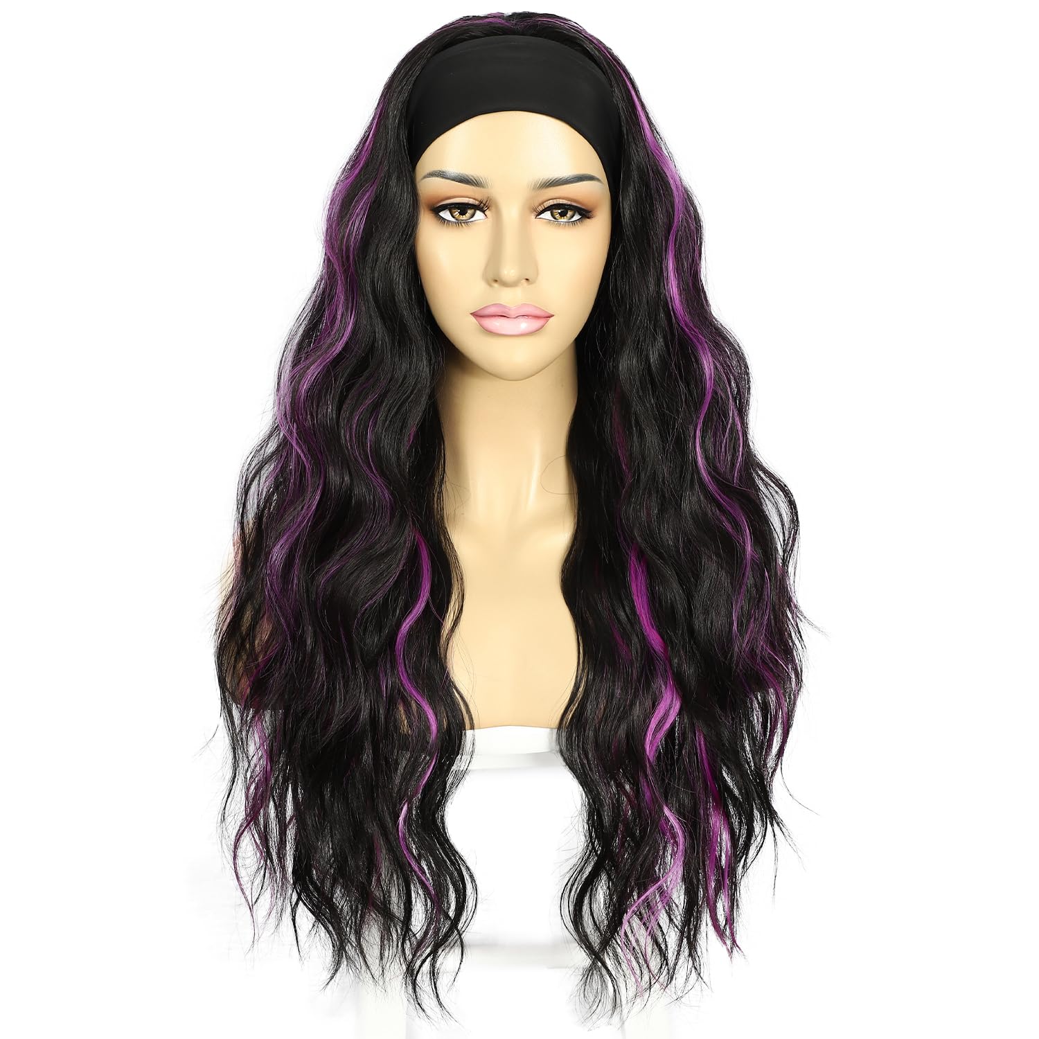 Sapphirewigs Body Wave Headband Wig Black Highlights Violet Synthetic Long Wavy Wigs for Women Glueless Hair Natural Looking 150% Density 26 inch - Image 2