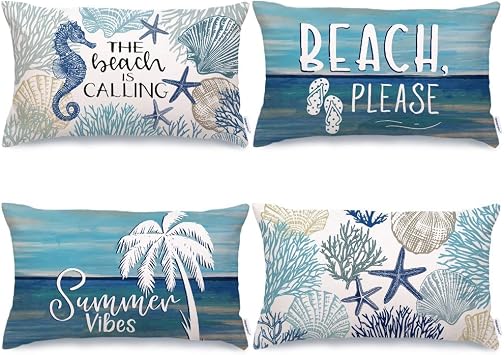 GEEORY Summer Pillow Covers 12x20 Inch Set of 4, Summer Vibes the Beach is Calling Sea Palm Tree Starfish Coral Farmhouse Decorative Throw Pillowcases for Home Sofa Couch Decoration G532-12