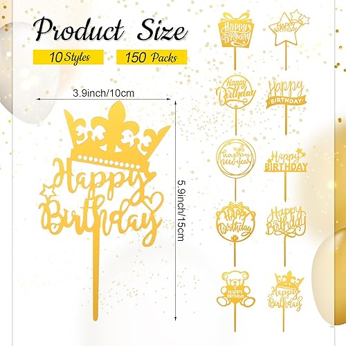 Miniatura 2 de 150 adornos acrílicos para tartas de cumpleaños, decoración de pastel de cumpleaños con purpurina de doble cara para adultos, varios suministros de