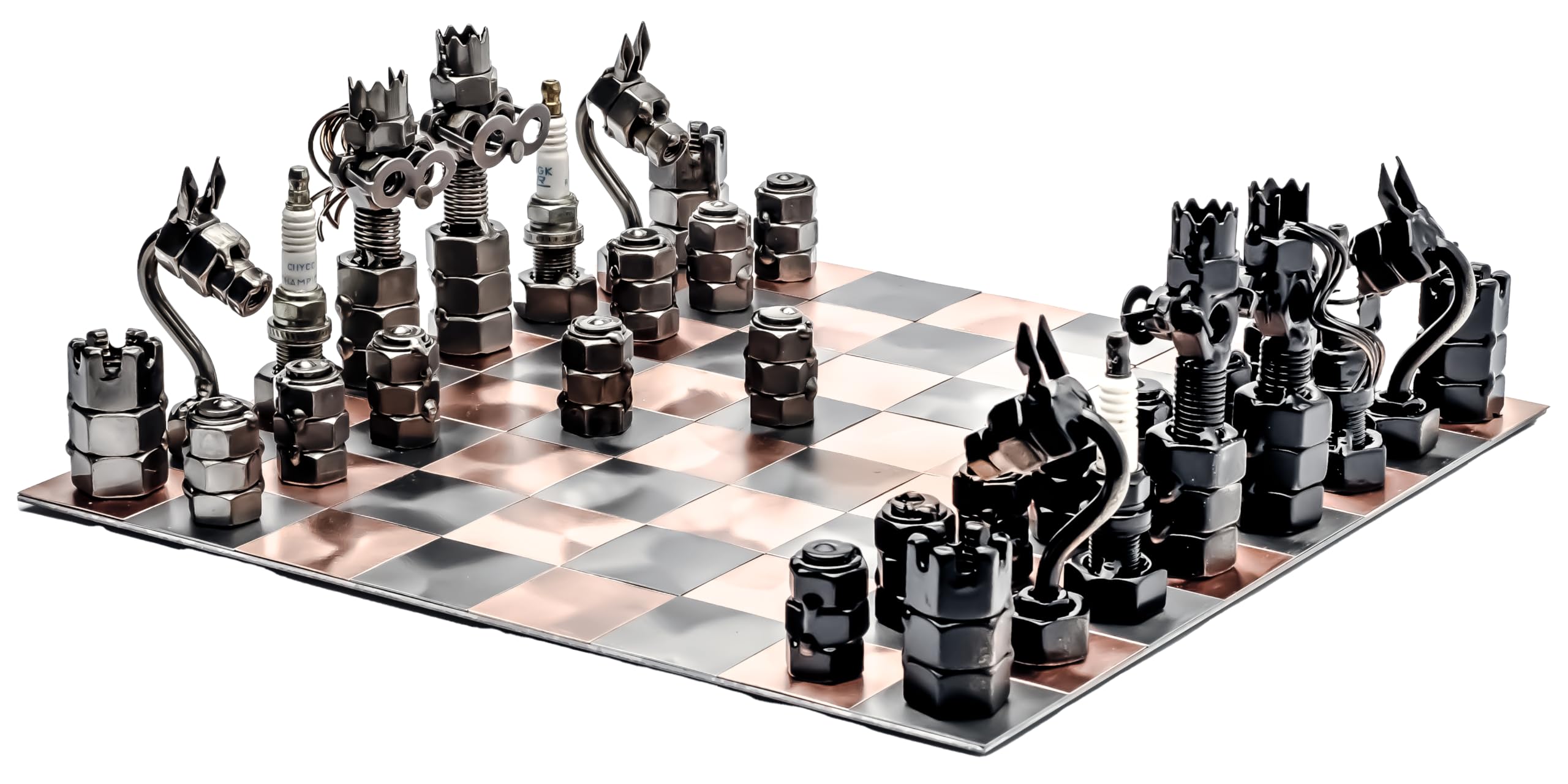 STEEMO Schraubenmännchen Schachspiel - Schachfiguren & Schachbrett - Metallkunst-Schach 36x36 cm
