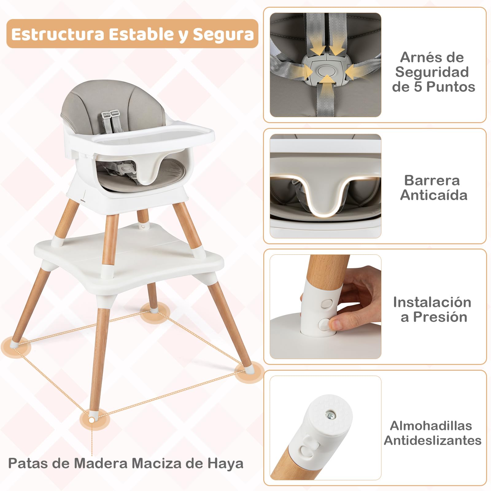 COSTWAY Trona Bebé 9 en 1, Trona Evolutiva con Bandeja Extraíble Apta para Lavavajillas, Patas de Madera, Cinturón de Seguridad de 5 Puntos y Cojín de Asiento, Silla Alta Convertible (Gris Claro)