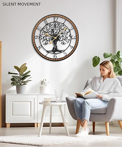 Miniatura 2 de Reloj de pared, reloj de pared grande de 24 pulgadas para decoración de sala de estar, diseño de árbol de la vida y marco de madera, funciona con