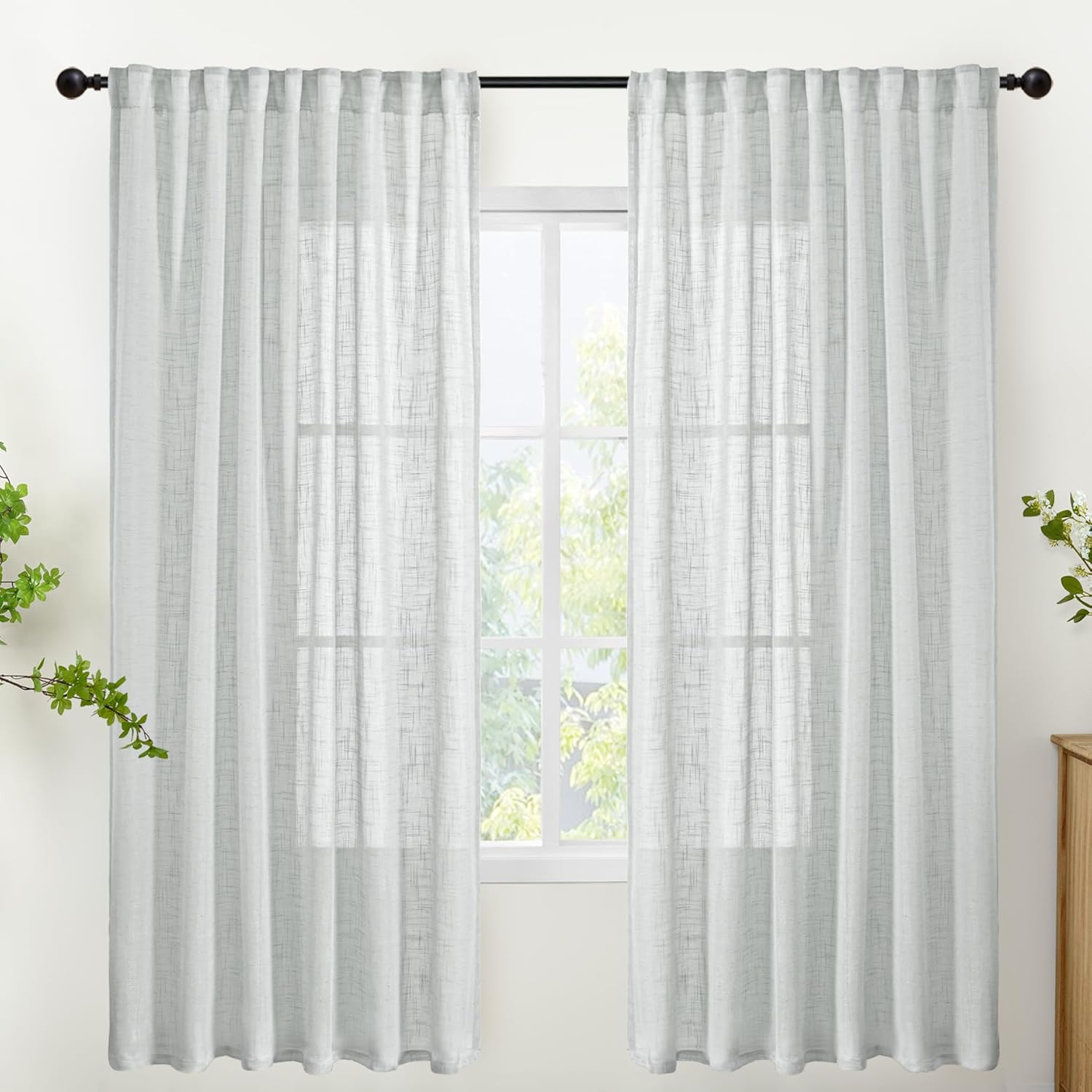 YoungsTex Light Grey Linen Curtains 72 Inch Length for Living Room, Semi Sheer Window Drapes Textured Light Filtering with Rod Pocket Back Tab for Bedroom, 2 Panels, 52 X 72 Inch