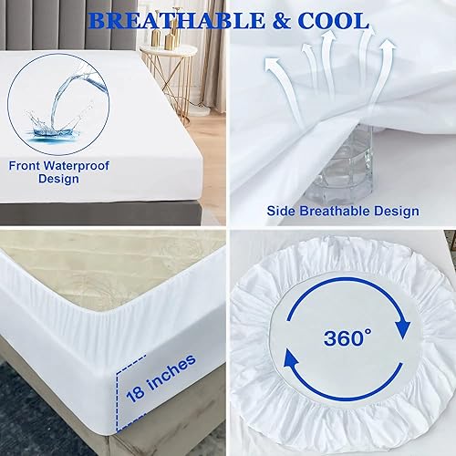Miniatura 3 de Protector de colchón impermeable tamaño Queen con bolsillo profundo para 18 pulgadas, transpirable y suave, protector de colchón para cama Queen,