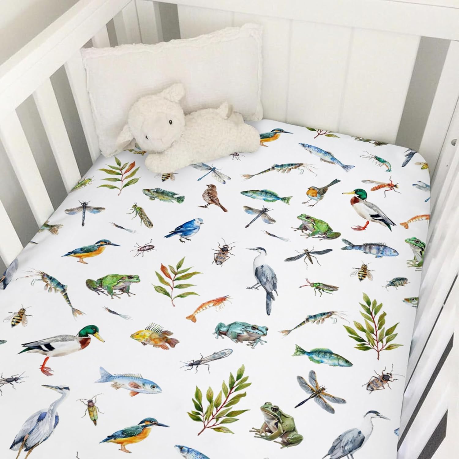 Wildlife Pond Baby Crib Sheets 52''x28'' Wild Animals Frogs Duck Fish Bird Weeds Snug Fitted Crib Mattress Cover for Boy Girl Fishing Hunting Soft Nursery Bed Sheet for Standard Crib Toddler Mattress