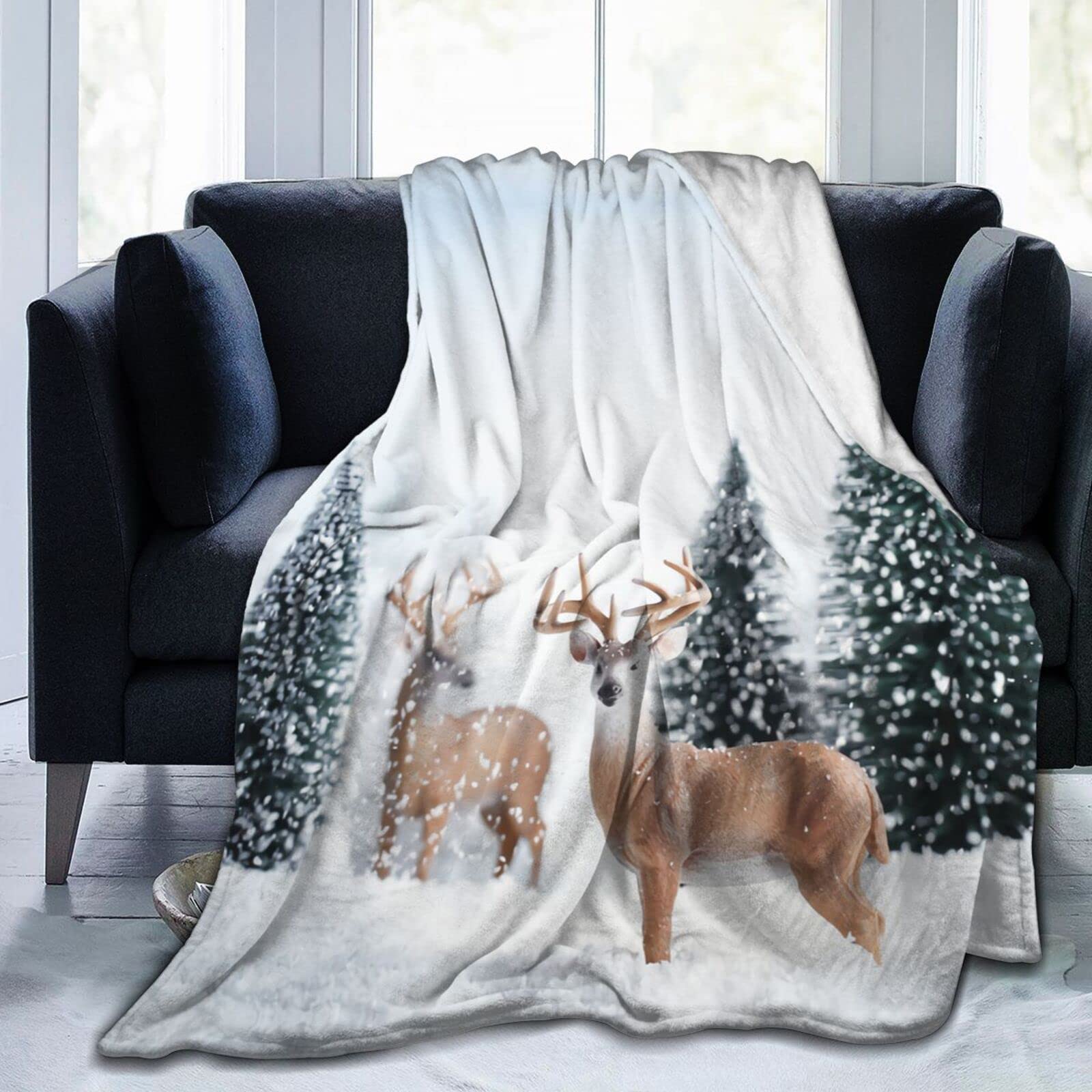 Lsjuee Winter Landscape with Deers Snow and Fir Tree Throw Blanket Warm Cozy Blankets Lightweight Soft Cozy Flannel Winter Holiday Blanket for Sofa Couch Bed Office Xmas Gift 60"X50"