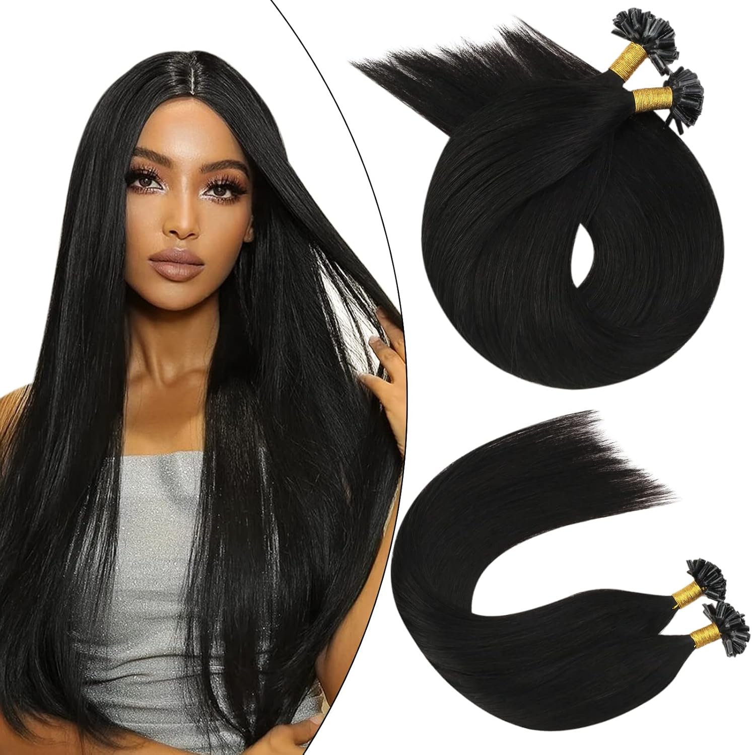 Ugeat Real Hair Extensions U Tip Glue in Hair Extensions Color 1B Off