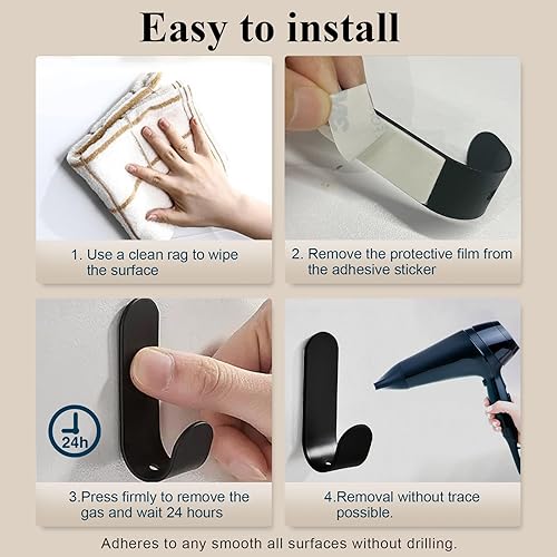 Miniatura 6 de Ganchos adhesivos para toallas, 20 ganchos de pared autoadhesivos de acero inoxidable, gancho de ducha negro resistente, impermeable, a prueba de