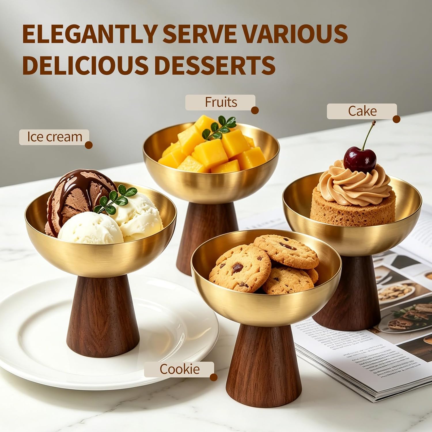 Ice Cream Bowls Set of 4 - Stainless Steel Footed Dessert Bowls, Elegant Wood Base Ice Cream Cups, Multipurpose Dessert Cups for Sundaes, Trifle & More(Golden)