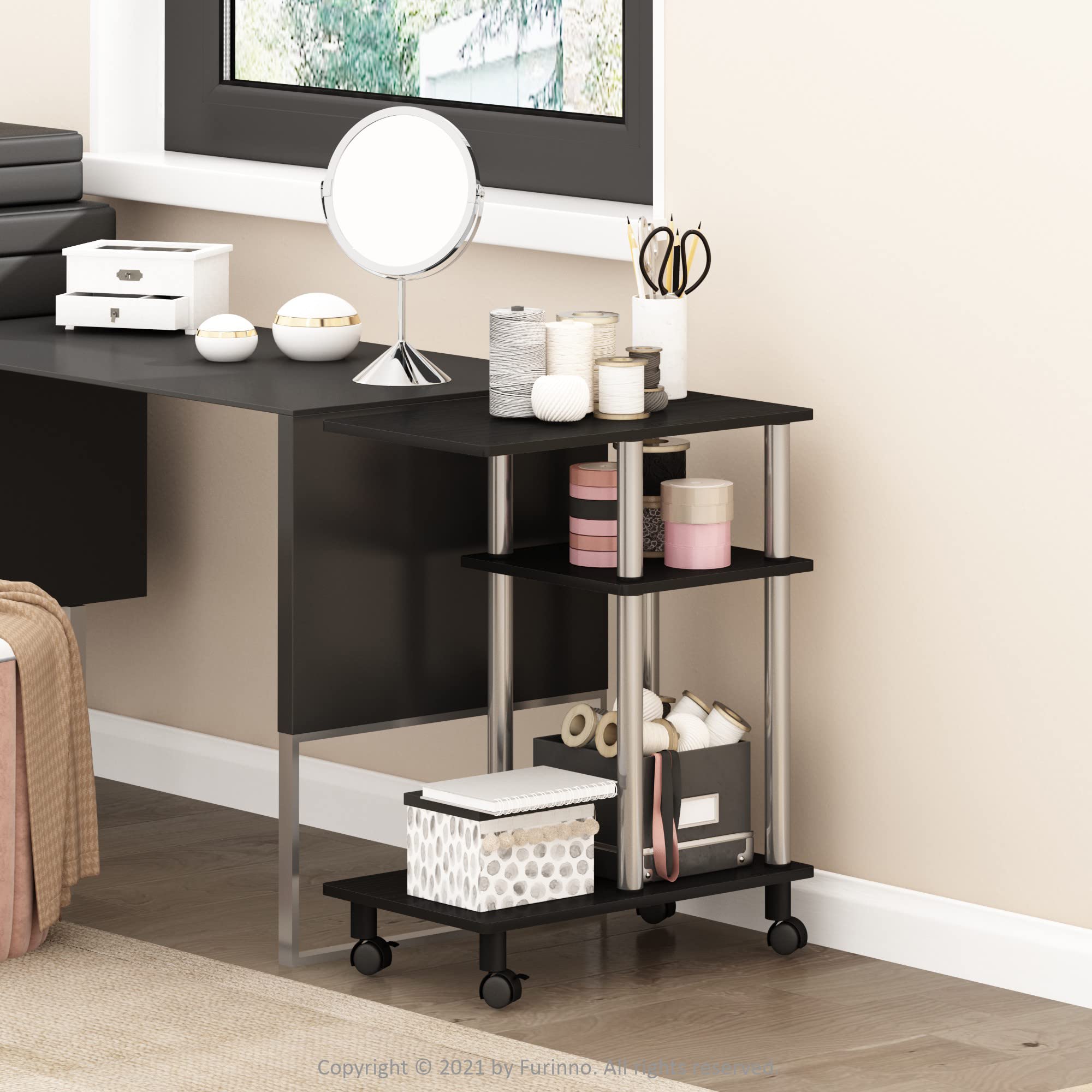 Furinno Turn-N-Tube Mesa Auxiliar de Sofá en Forma de U con Ruedas, Madera de ingeniería, Americano/Acero Inoxidable, 29.5(D) x 50(W) x 62.7(H) cm