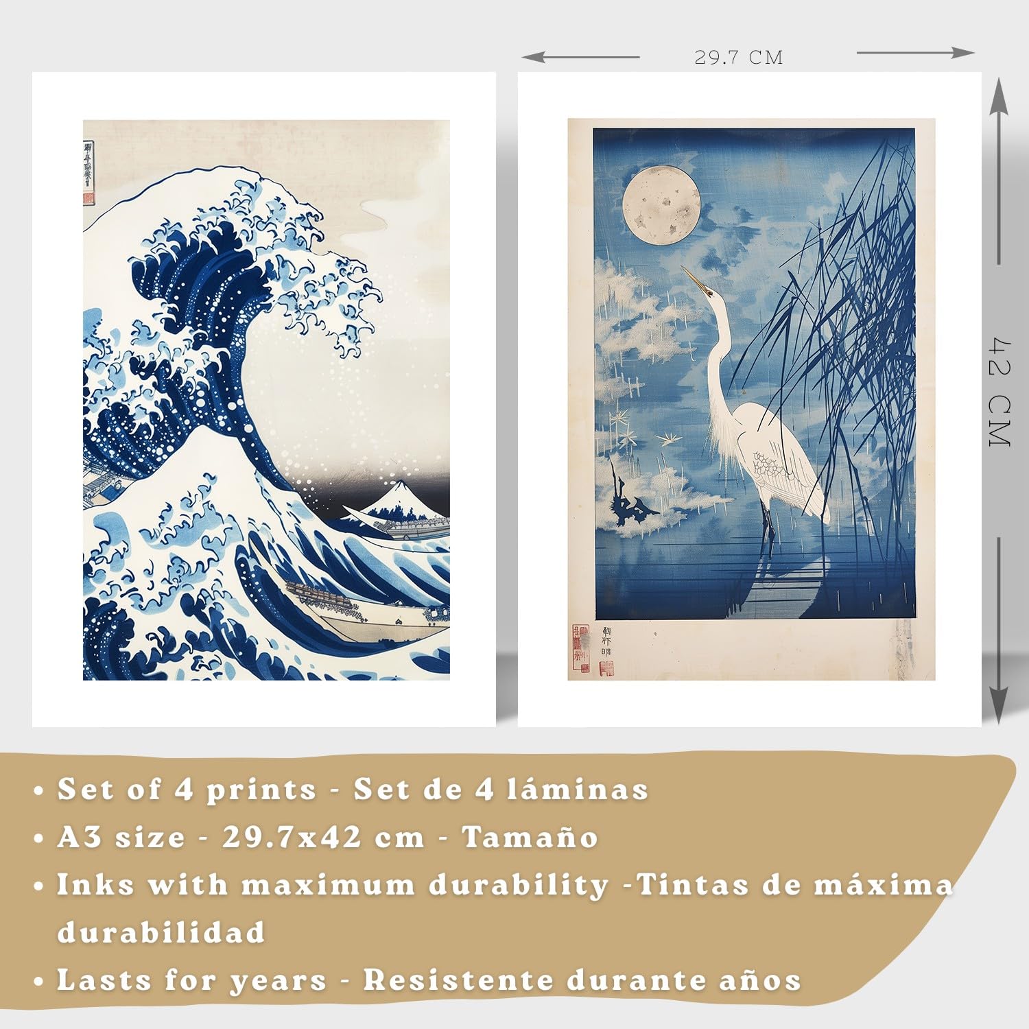 Nacnic Juego De 4 Laminas Decorativas Pared Estilo Japon. Cuadros Salon Modernos - Posters Decorativos Azules Orientales. Arte Japones. Decoración Dormitorios. A3 Marco Madera Clara