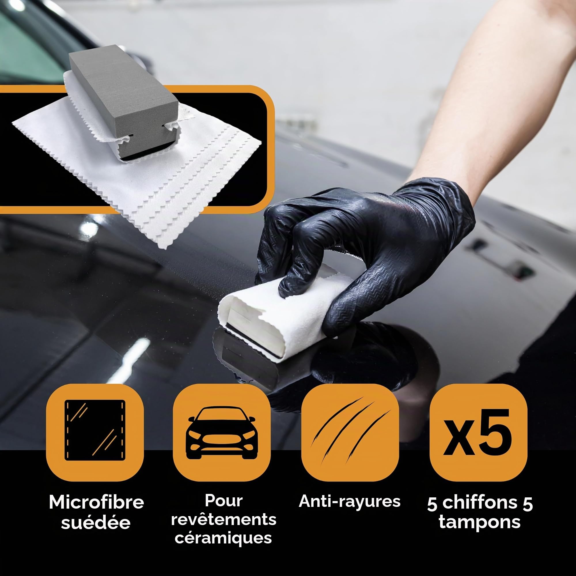 Tek Automotive Lot de 10 revêtements en céramique Pro - 5 chiffons en microfibre (12 x 10 cm) et 5 tampons applicateurs en mousse - Microfibre de qualité supérieure et design ergonomique pour