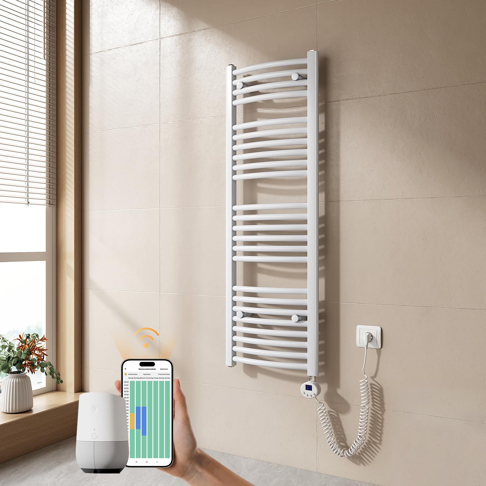 EMKE Radiatore da Bagno, 120 x 40cm, 500W, Scaldasalviette con WIFI Termostato, Curvo, Bianco, Termoarredo Asciugamani da Bagno