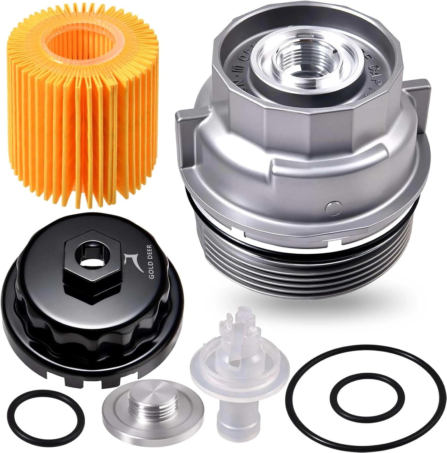 Oil Filter Housing Cap Assembly Kit for Toyota, Lexus, and Scion Vehicles Aluminum Oil Filter with Wrench Drain Plug Replace 15620-31060, 1562031060, 15643-31050, 1564331050, 04152-YZZA1