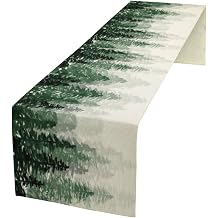 Green Forest Pine Trees Table Runner, Woodland Tabletop Scarf Home Kitchen Holiday Decor, Seasonal Farmhouse Rustic Dining Decorations Party Supply 13 X 36 Inch