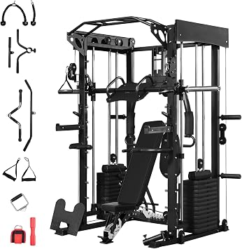 Smith Machine with Bench, Dual 313 lb Weight Stacks, Chest Fly & Leg Press