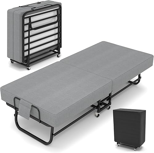 SADENICEL Cama plegable con colchón para adultos, cama plegable portátil con ruedas, colchón de espuma viscoelástica y marco de metal, plegable que