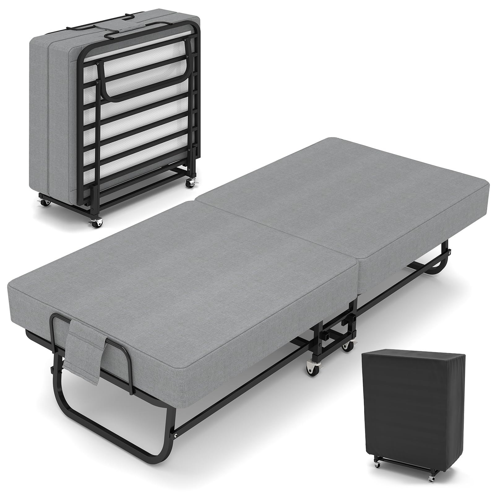SADENICEL Folding Bed with Mattress for Adults, Portable Foldable Roll Away Bed on Wheels, Memory Foam Mattress and Metal Frame, Space Saving Fold Up for Easy Storage, 75" x 31"