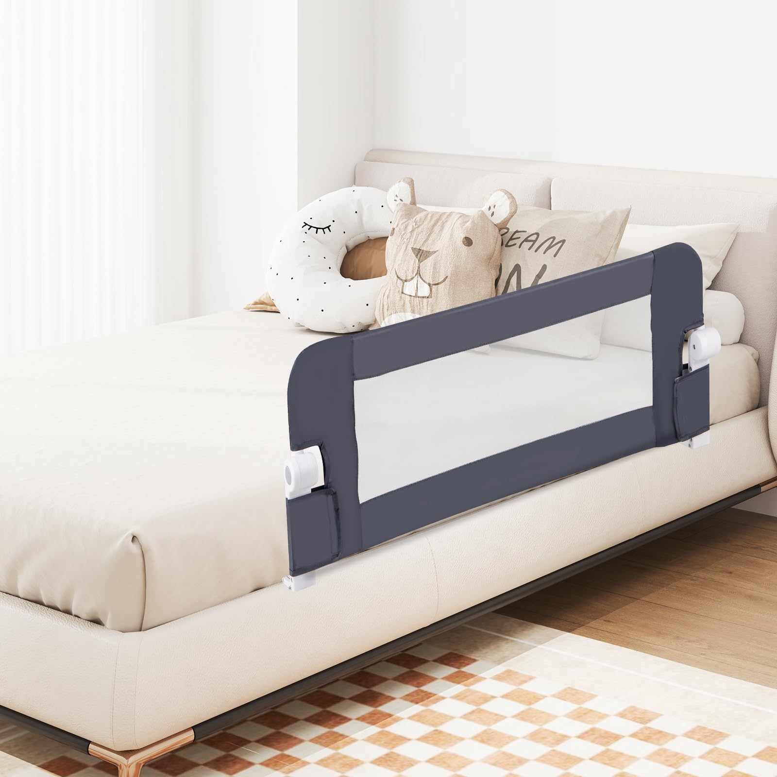 RELAX4LIFE Sponda Letto per Bambini 105/120/150cm, Barriera di Sicurezza, Traspirante e Pieghevole, Sbarra Letto per Letti Singoli e Matrimoniali (Grigio Scuro,105x38x43cm)
