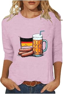 Womens Funny Beer Festival Print T-Shirts 3/4 Length Sleeves Crewneck Comfy Tunic Tops Plus Size Loose Cozy Oktoberfest Tees