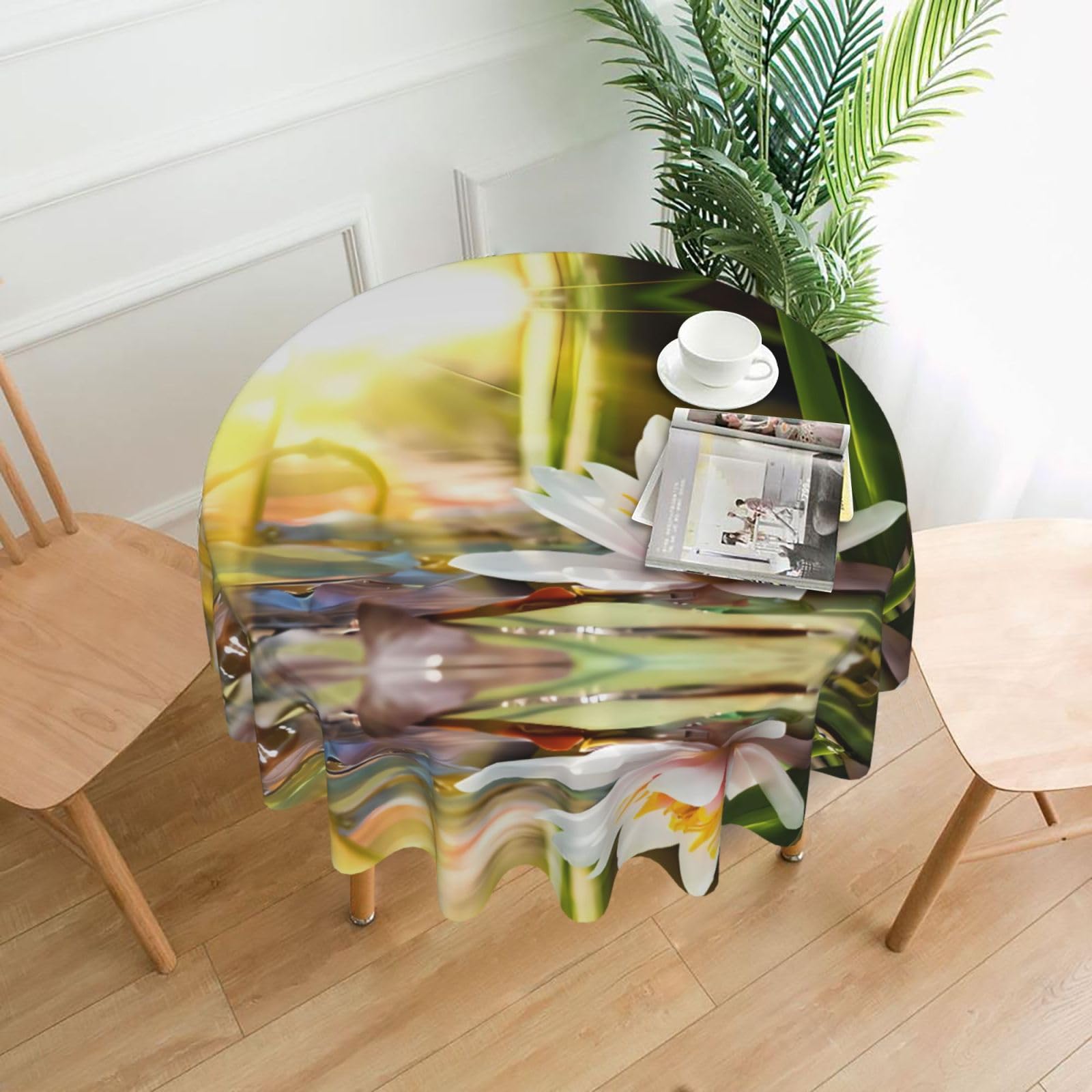 WHJSHOP Lotus Blossom Prints Round Table Throw 60 Inch – Waterproof Table Cover for Dining, Coffee Tables, Parties & More - Soft, Wrinkle-Resistant Table Layer