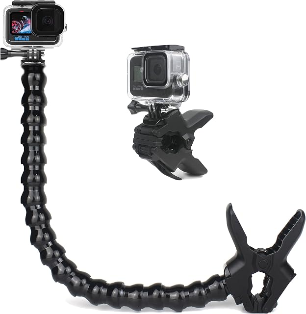 FiTSTILL Jaws Flex Clamp Mount with Adjustable Gooseneck 19-Section Compatible with Go Pro Hero 10, Hero 9, 8, 7, 6, 5, 4, Session, 3+, 3, 2, 1, Max, Fusion, DJI Osmo Action Cameras