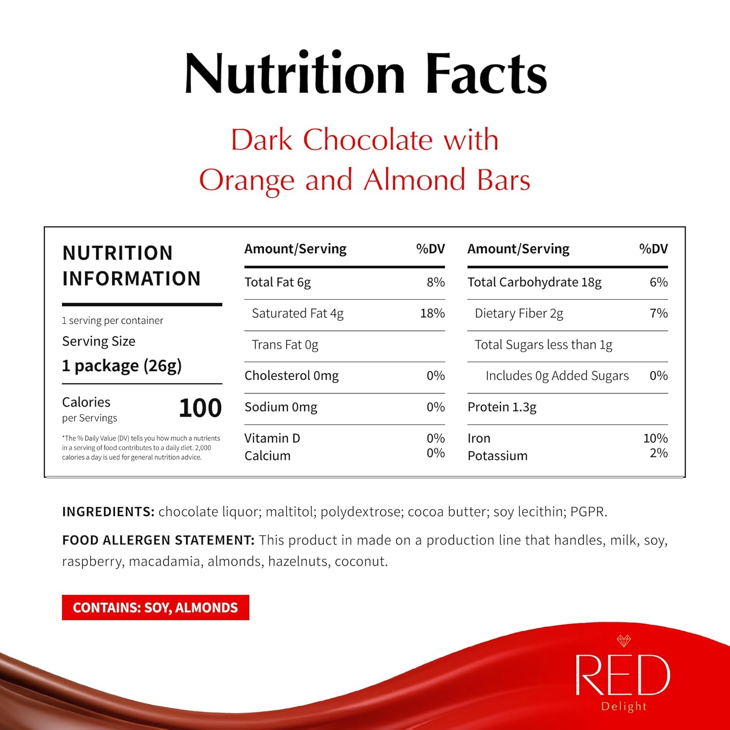 Red Delight Orange and Almonds Chocolate Snack Bars - Pack of 24 Diamond-Shaped Vegan Chocolates (22.08oz) with Rich Cocoa Flavor - European-Style Dark Chocolates - Gluten-Free and Kosher