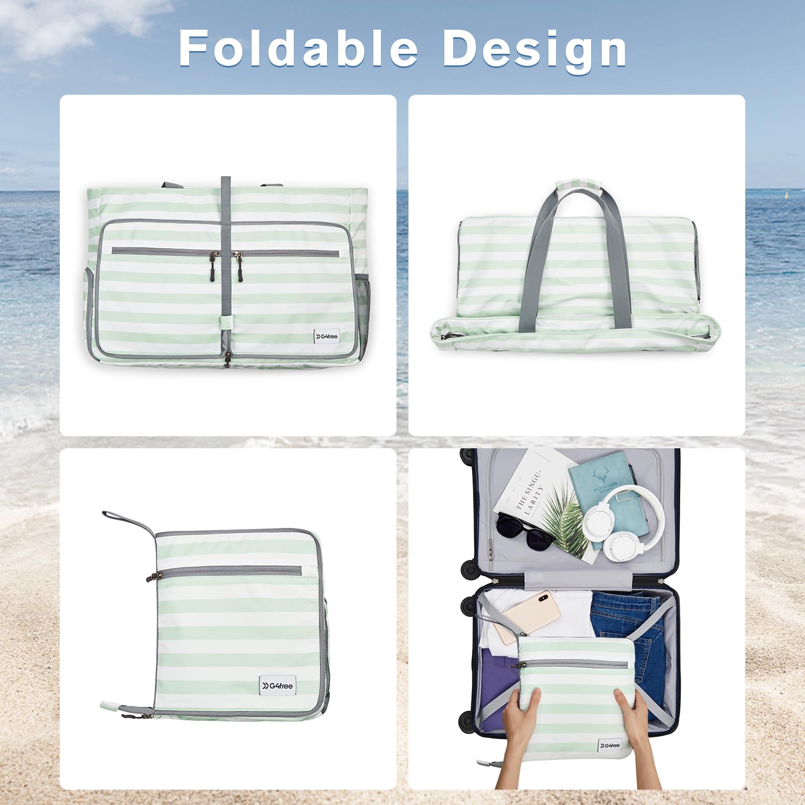 Bolsa de playa, bolsa de playa plegable con cremallera, bolsa de piscina impermeable a prueba de arena, Verde claro, XL 6