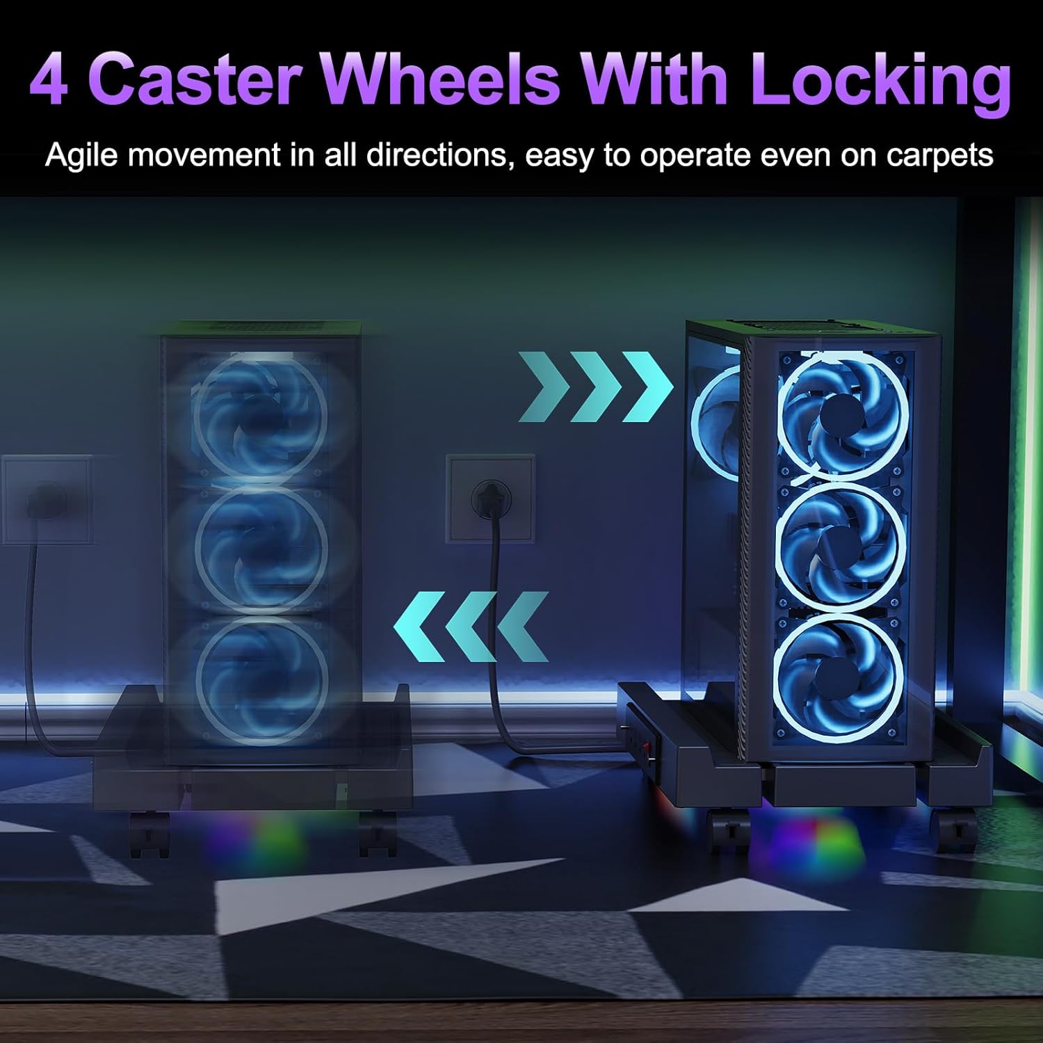 Computer Tower Stand with Charging Station, Cooler Fan and Light, Adjustable PC Stand for Floor, Mobile CPU Stand with 4 Caster Wheels, Under Desk CPU Holder Fits Most PC Tower