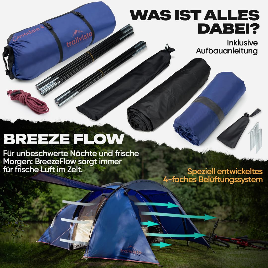 Tente familiale étanche pour 2 et 4 personnes - Tente tunnel avec auvent et protection contre les moustiques - Tente familiale légère et stable - Montage rapide - Tente de camping