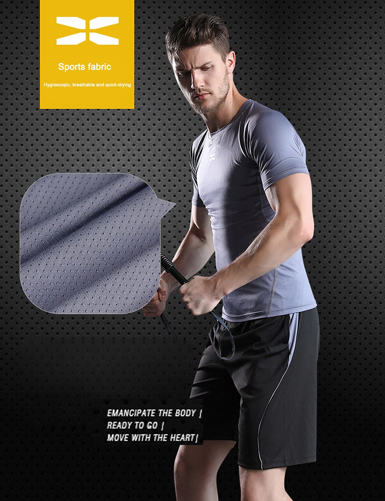 Jueshanzj Ropa de fitness medias de los hombres equipo de gimnasio correr baloncesto entrenamiento de secado rápido traje deportivo, Black-6-piece set, XL