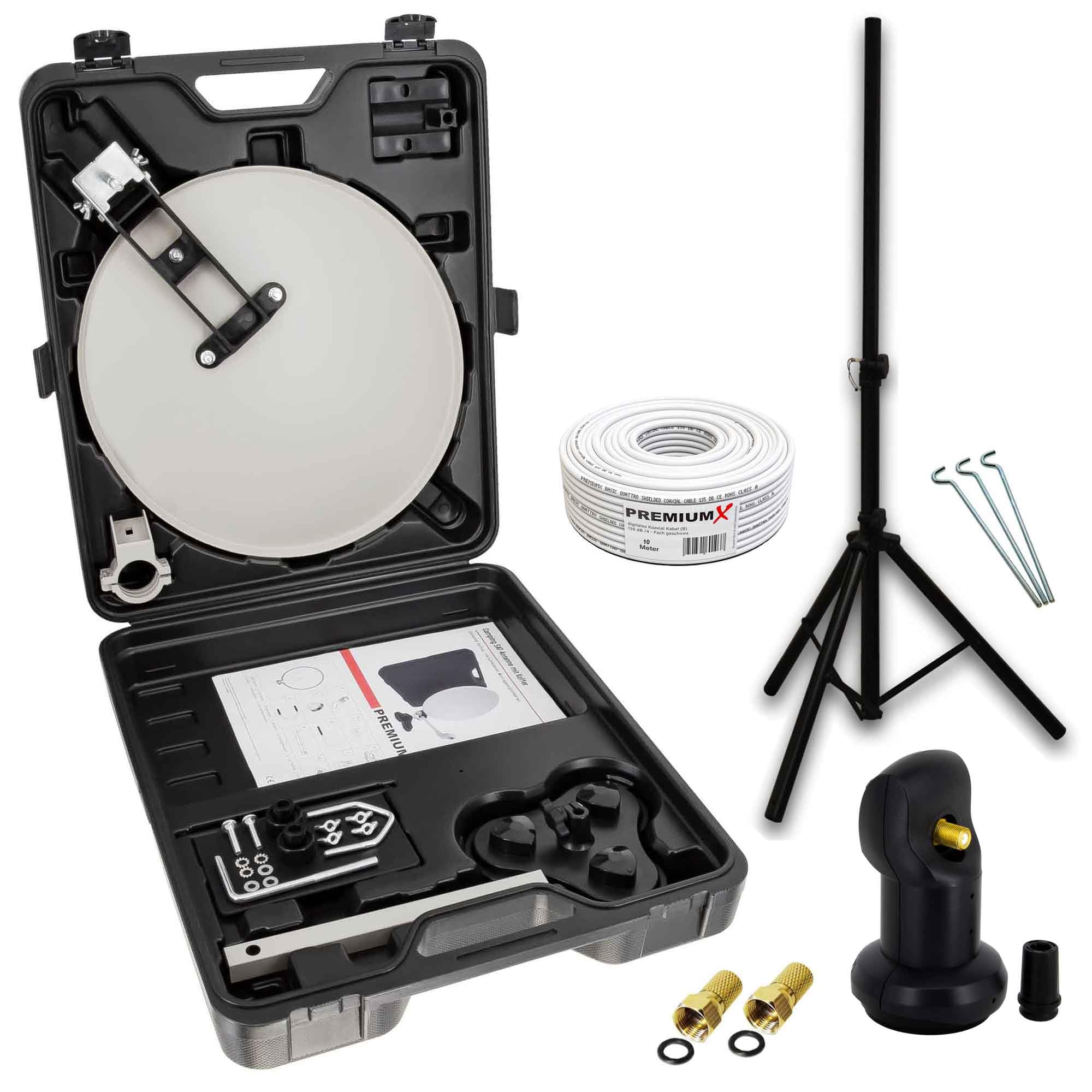 PremiumX Camping SAT Anlage Satelliten-Schüssel Stativ Single LNB 10m Kabel 2X F-Stecker kompakt im Koffer als ideales Camp Zubehör