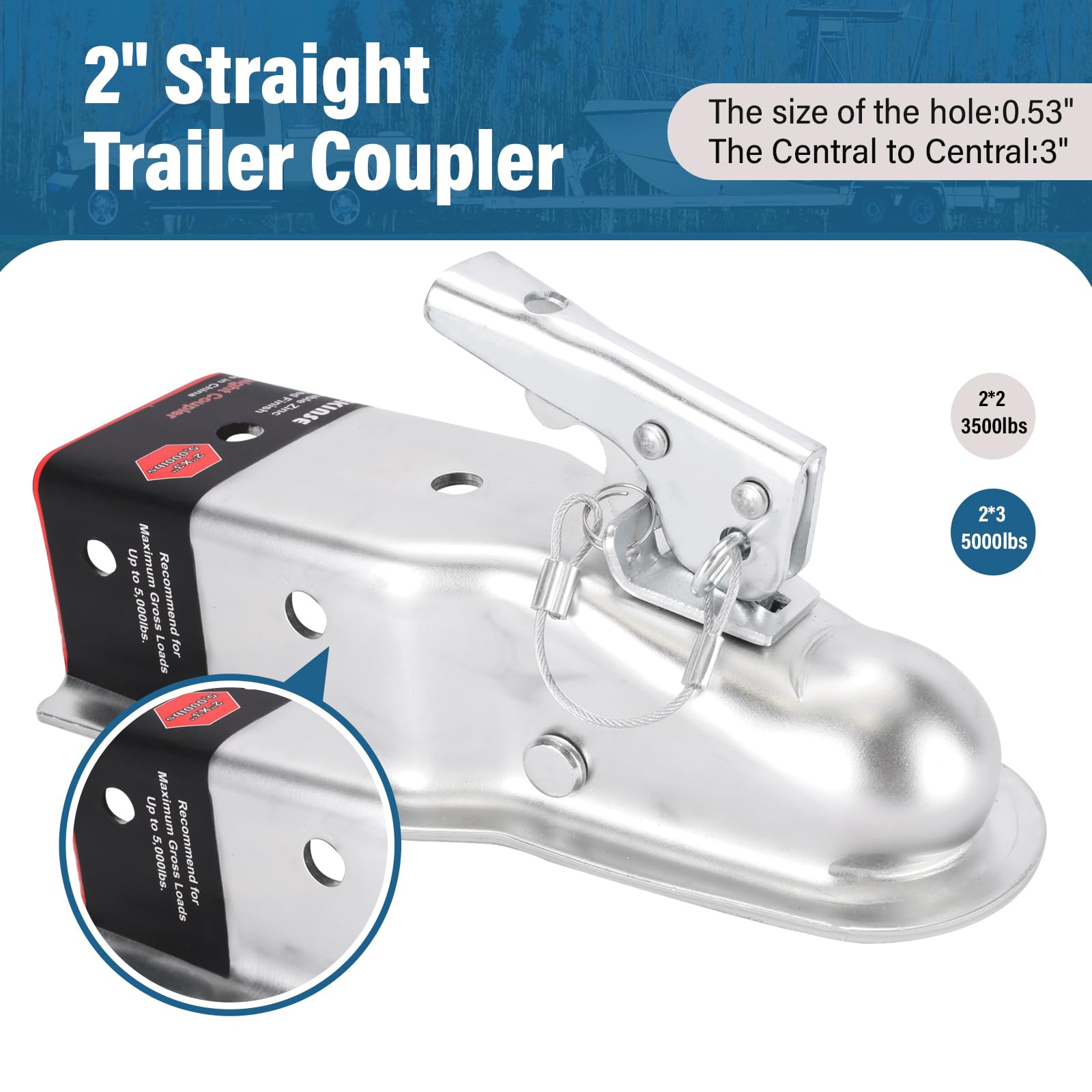 Acoplador de remolque de lengüeta recta (zinc) con hardware, adhesivo fácil de quitar e instrucciones para canal de 3 pulgadas, bola de enganche de 2 pulgadas, 5 libras, plateado