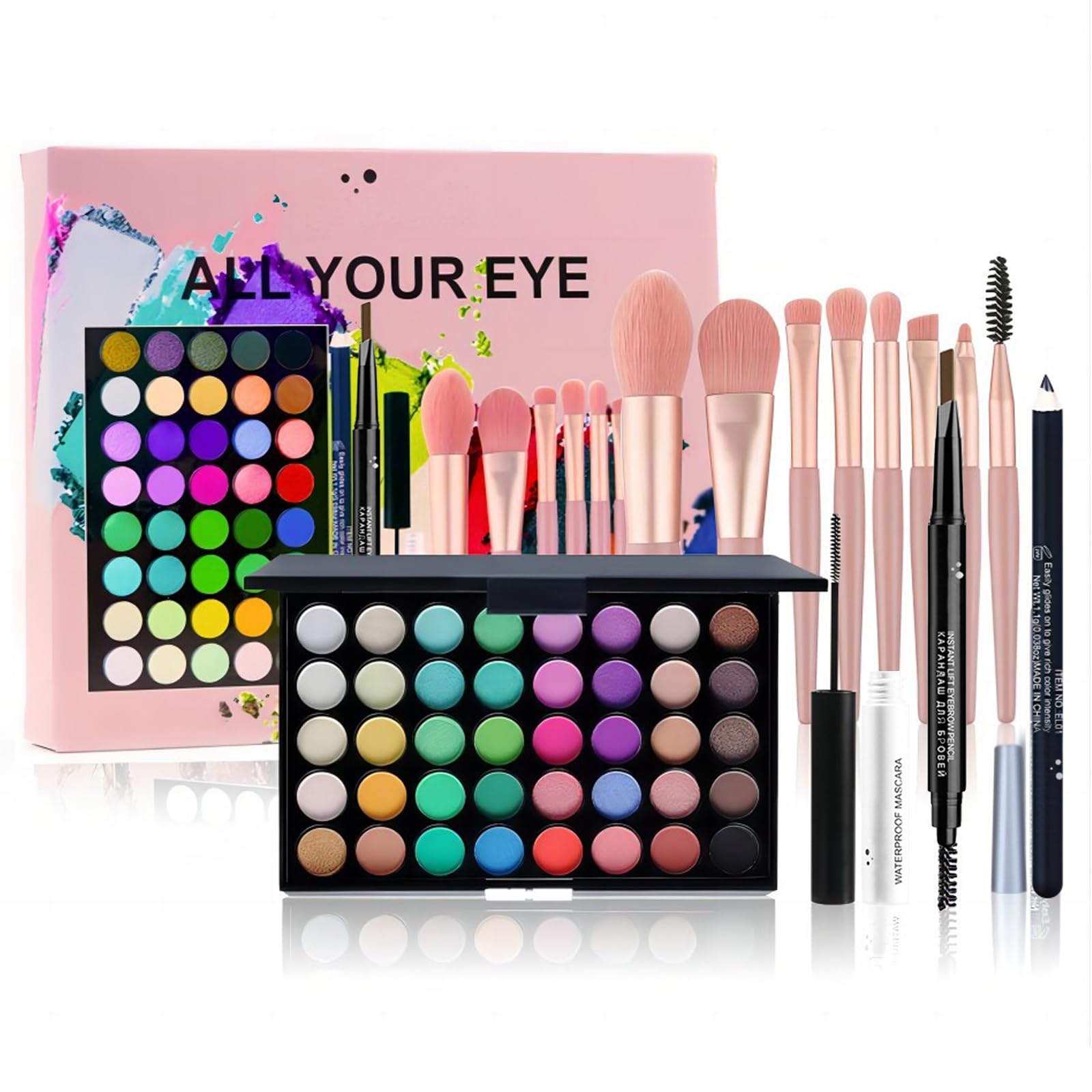 WishesMar 40 Colors Eyeshadow Palette with Eyeliner Pencil Eyebrow Pencil and Mascara All-In-One Eyes Make-up Set Beauty Cosmetic for Essential Starter