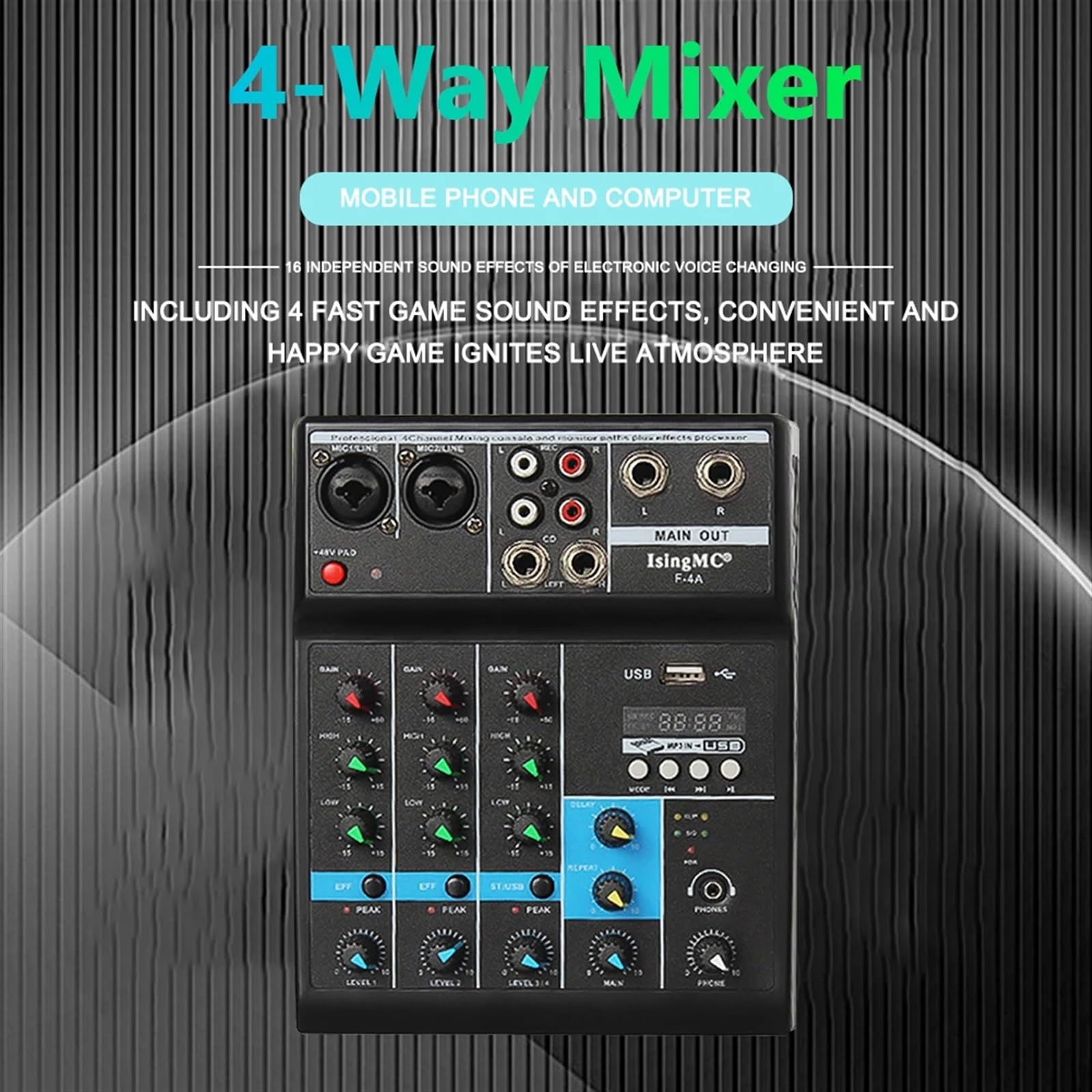 Kontroler DJ-ski, Konsola miksowania dźwięku Interfejs USB Wejście miksera audio F-4A Bezprzewodowy 4-kanałowy monitor zasilania Phantom do komputera