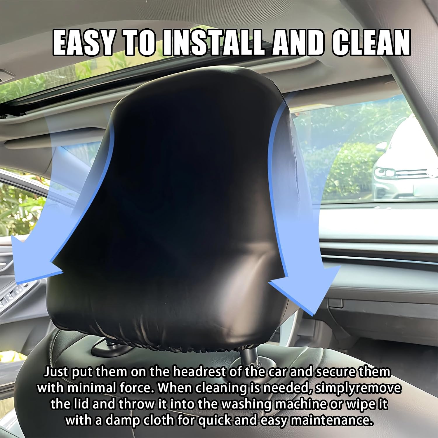 2 PCS Car Seat Headrest Cover, Full Wrap-Around Car Head Rest Protector, Adjustable Leather Head Rest Cover, Universal Interior Accessories for Most Vehicles (Black #S)