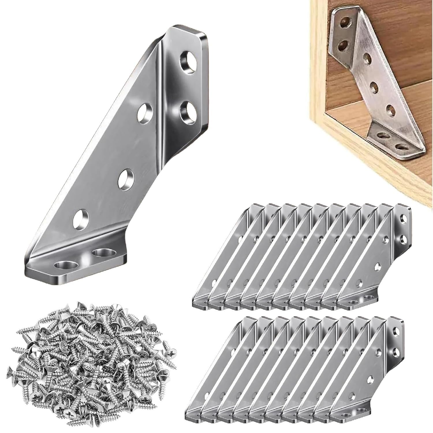 MIJILIX 20Pcs Furniture Corner Connectors , Heavy Duty Stainless Steel Angle Corner Connectors Corner Brackets Metal Corner Braces for Wood Cabinets, Shelves, Furniture Assembly