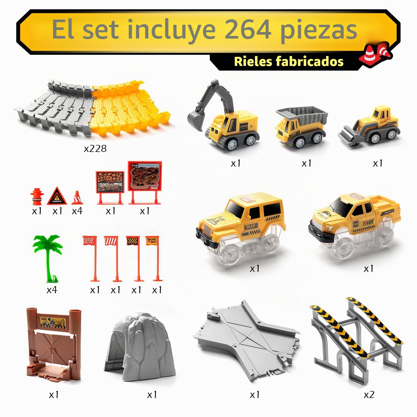 Coroiesty Pista de coches de 3 4 5 6 7 8 años, 264 piezas 5 excavadora juguete pista 2 eléctrico Glow, 3 camiones de construcción, juego de rieles flexibles DIY juegos grúas