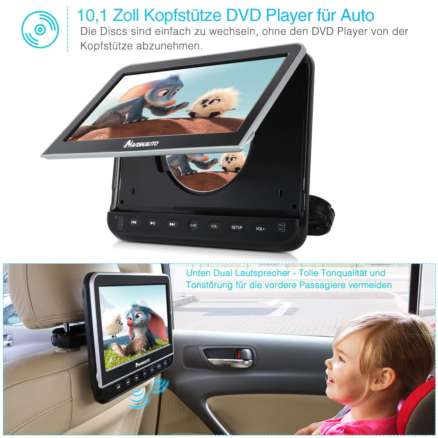 NAVISKAUTO 10.1 Inch DVD Player Car HDMI Input HD 1080P DVD Player