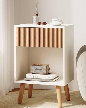 nightstand, modern bedside table, storage drawer and open wood shelf, nightstand with solid wood legs, end table side table for living room, bedroom