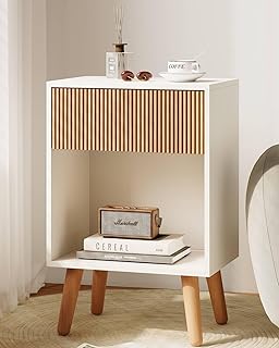 Fluted Nightstand, Modern Bedside Table with Storage Drawers and Open Wo...